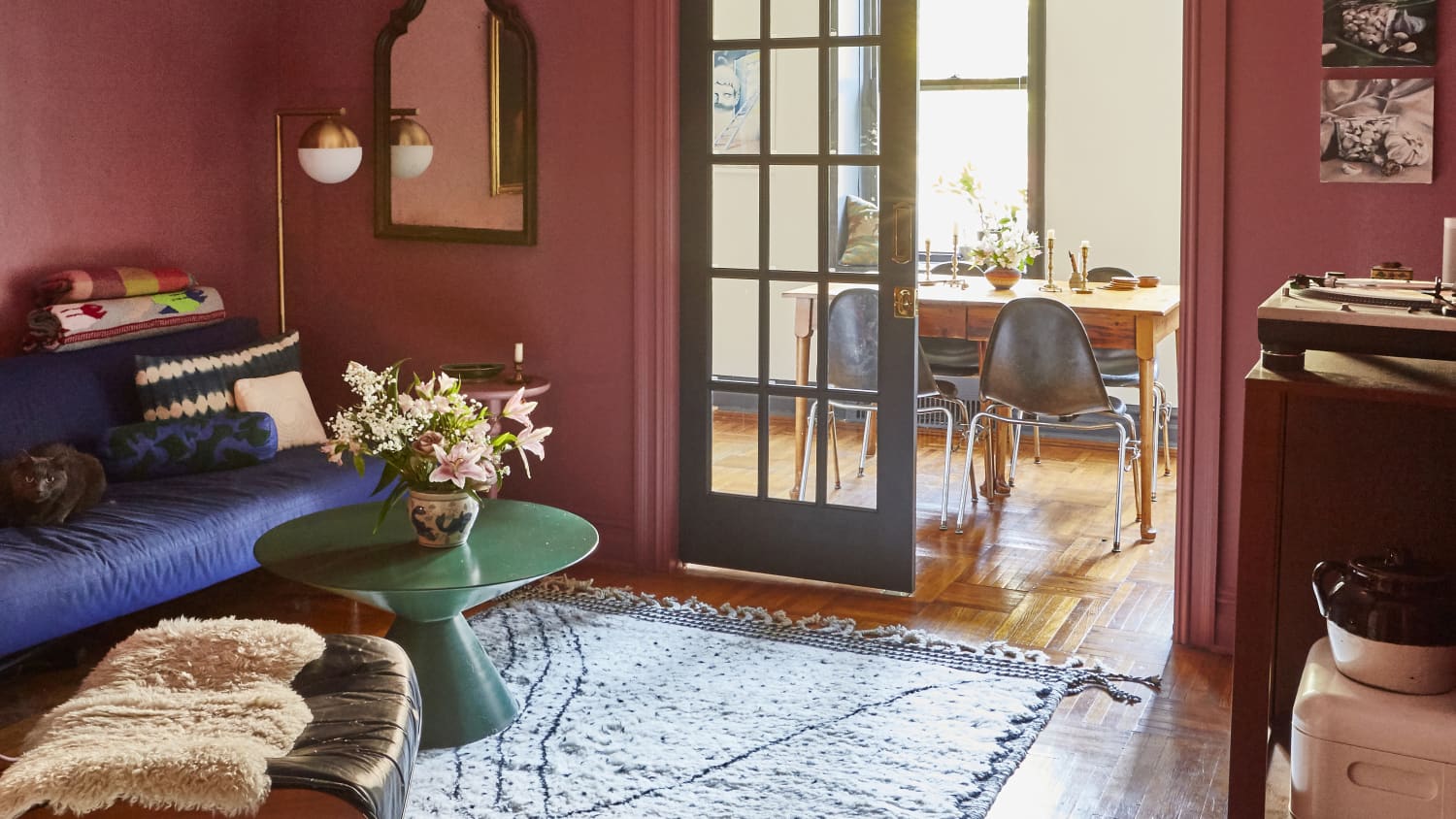 Burgundy and light blue living room online